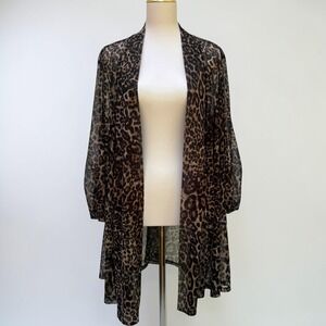 Ali Miles Sheer Cardigan 2X Brown Leopard Print Mesh Open Front Kimono Animal